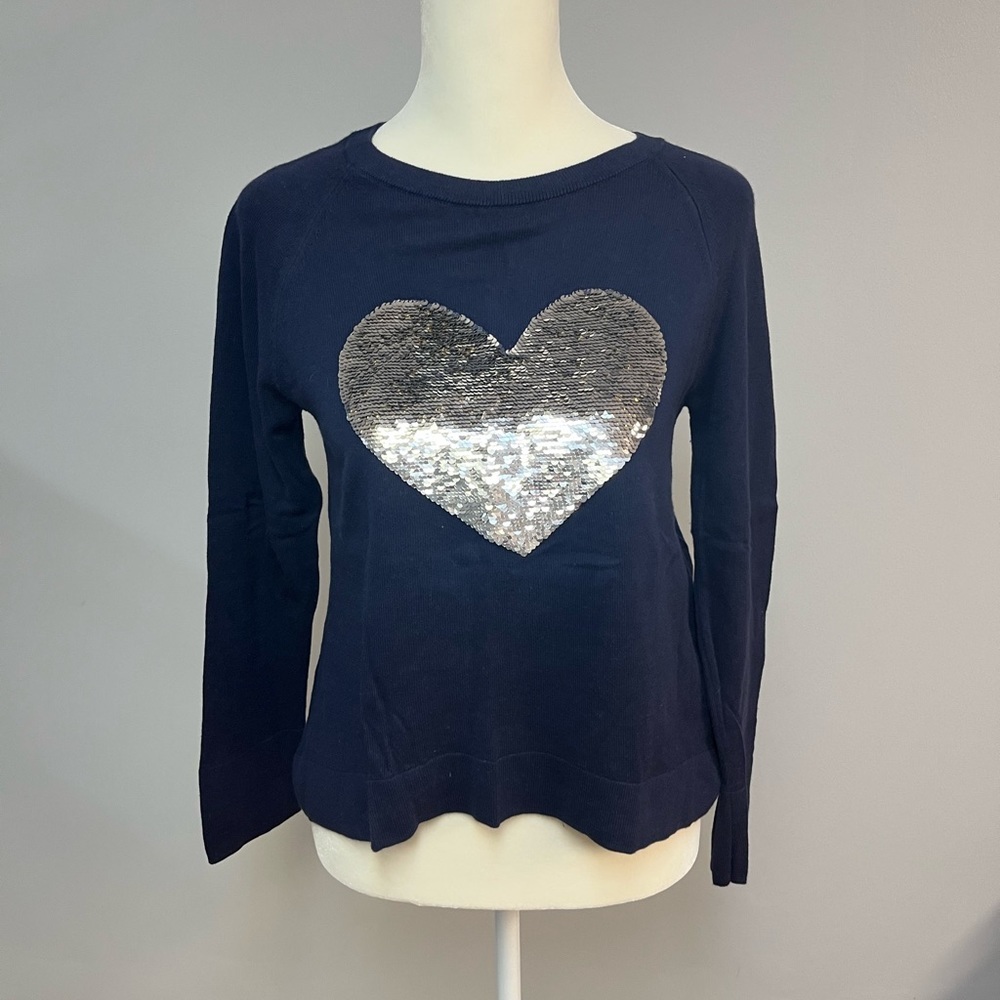 Gap Girls Long Sleeve Navy Blue Shirt with silver & gold sequin heart Size XL